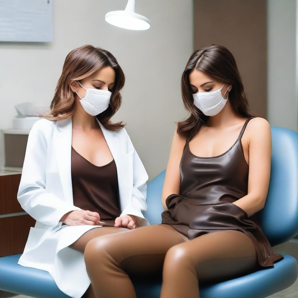 An image of Kate Beckinsale and Selena Gomez both in brown leather leggings, asleep in a dentist chair with their eyes closed