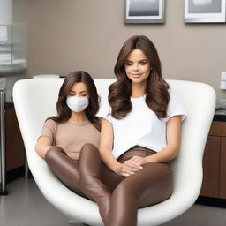 An image of Kate Beckinsale and Selena Gomez both in brown leather leggings, asleep in a dentist chair with their eyes closed