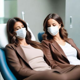 An image of Kate Beckinsale and Selena Gomez both in brown leather leggings, asleep in a dentist chair with their eyes closed