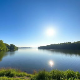 A serene landscape featuring a calm lake surrounded by lush green trees, with a clear blue sky and gentle sunlight reflecting off the water