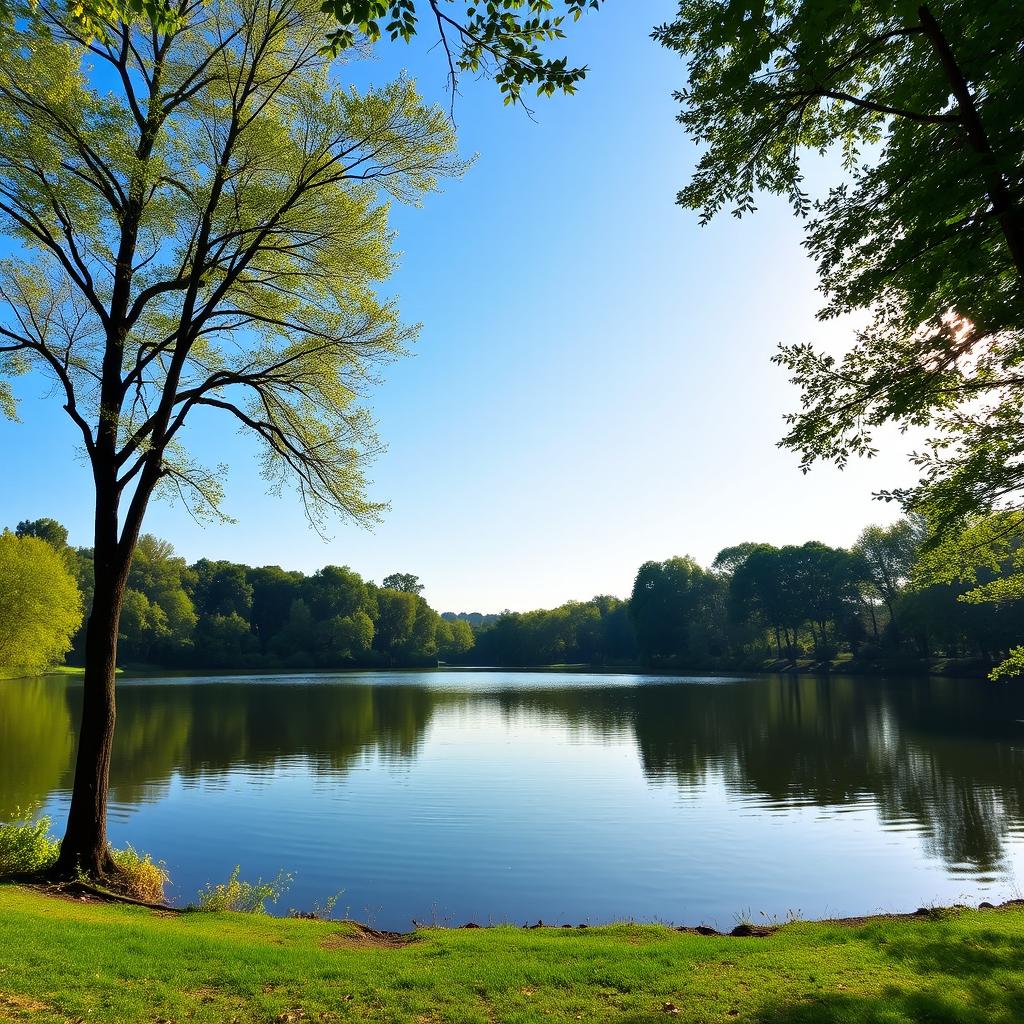 A serene landscape featuring a calm lake surrounded by lush green trees, with a clear blue sky and gentle sunlight reflecting off the water