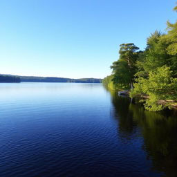 A serene landscape featuring a calm lake surrounded by lush green trees, with a clear blue sky and gentle sunlight reflecting off the water