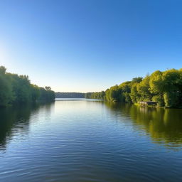 A serene landscape featuring a calm lake surrounded by lush green trees, with a clear blue sky and gentle sunlight reflecting off the water