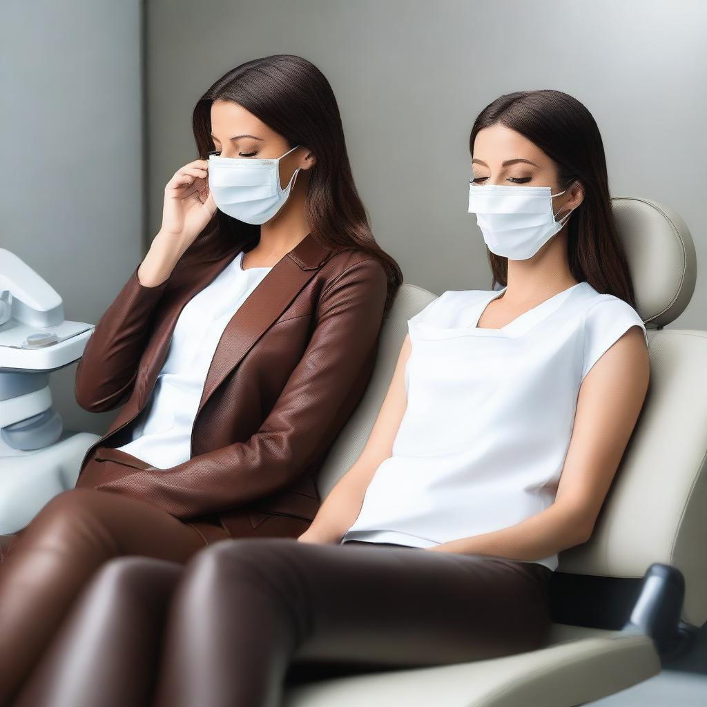 An image of Kate Beckinsale and Selena Gomez both in brown leather leggings, asleep in a dentist chair with their eyes closed