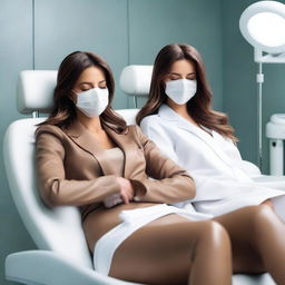 An image of Kate Beckinsale and Selena Gomez both in brown leather leggings, asleep in a dentist chair with their eyes closed