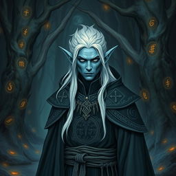 A dark elf wizard with white hair, bright eyes, and desaturated blue skin