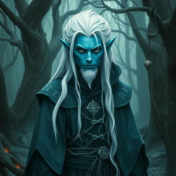 A dark elf wizard with white hair, bright eyes, and desaturated blue skin