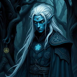 A dark elf wizard with white hair, bright eyes, and desaturated blue skin