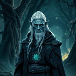 A dark elf wizard with white hair, bright eyes, and desaturated blue skin