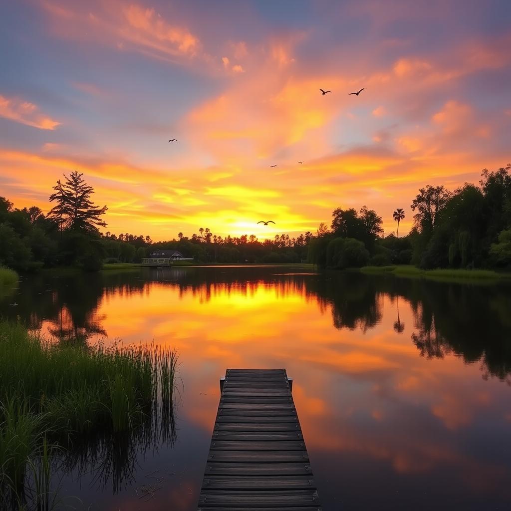 A serene landscape featuring a beautiful sunrise over a calm lake, surrounded by lush greenery and tall trees