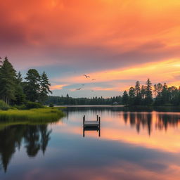 A serene landscape featuring a beautiful sunrise over a calm lake, surrounded by lush greenery and tall trees