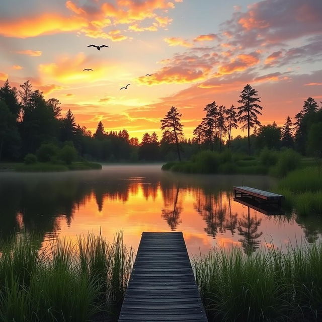 A serene landscape featuring a beautiful sunrise over a calm lake, surrounded by lush greenery and tall trees