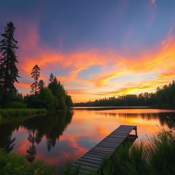 A serene landscape featuring a beautiful sunrise over a calm lake, surrounded by lush greenery and tall trees