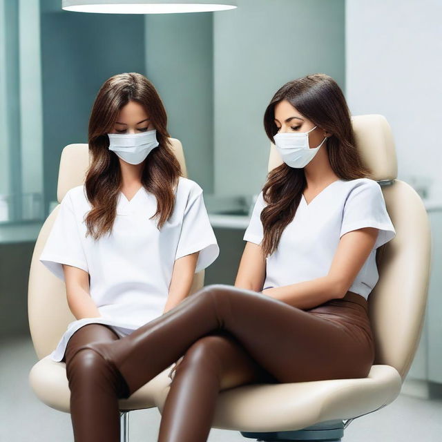 An image of Kate Beckinsale and Selena Gomez both in brown leather leggings, asleep in a dentist chair with their eyes closed