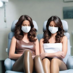 An image of Kate Beckinsale and Selena Gomez both in brown leather leggings, asleep in a dentist chair with their eyes closed