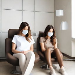 An image of Kate Beckinsale and Selena Gomez both in brown leather leggings, asleep in a dentist chair with their eyes closed