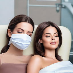 An image of Kate Beckinsale and Selena Gomez both in brown leather leggings, asleep in a dentist chair with their eyes closed