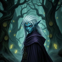 A dark elf wizard with white hair, bright eyes, and desaturated blue skin, wearing a purple cloak