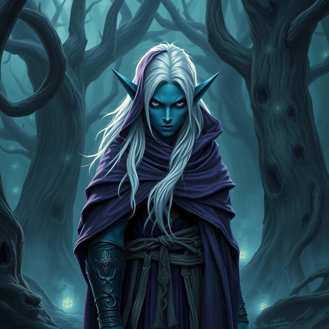 A dark elf wizard with white hair, bright eyes, and desaturated blue skin, wearing a purple cloak