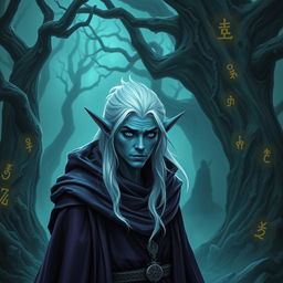 A dark elf wizard with white hair, bright eyes, and desaturated blue skin, wearing a purple cloak