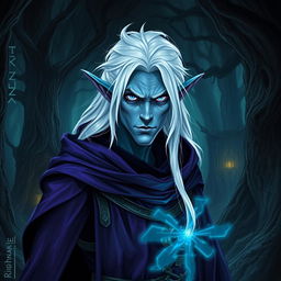 A dark elf wizard with white hair, bright eyes, and desaturated blue skin, wearing a purple cloak