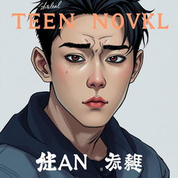 A captivating teen novel cover featuring a teenage boy with a handsome, slightly wrinkled face