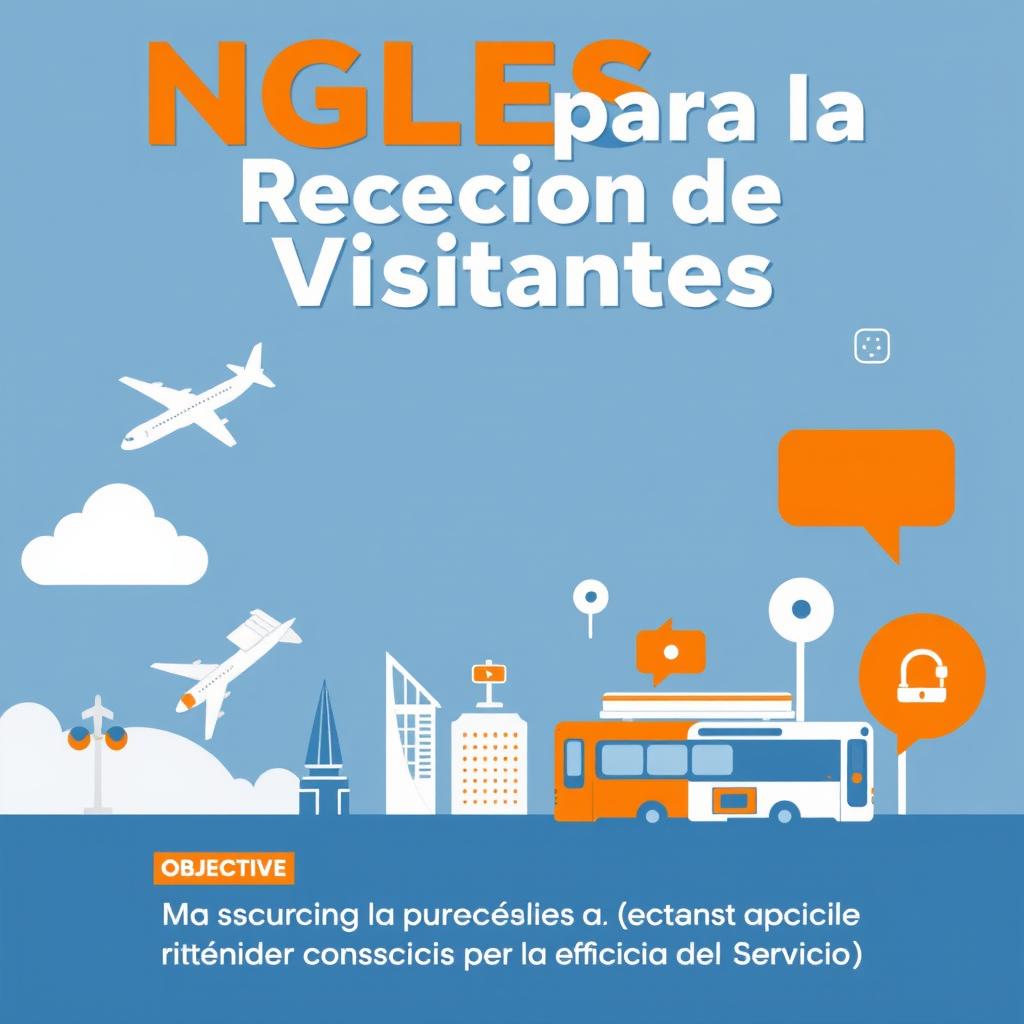 Create a dynamic and attractive cover for a course titled 'Inglés para la Recepción de Visitantes'