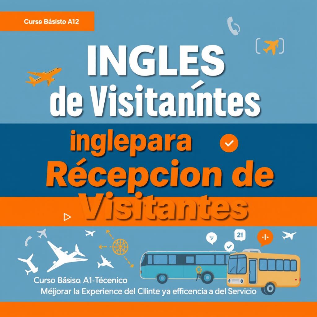 Create a dynamic and attractive cover for a course titled 'Inglés para la Recepción de Visitantes'