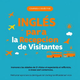 Create a dynamic and attractive cover for a course titled 'Inglés para la Recepción de Visitantes'