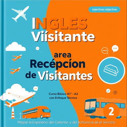 Create a dynamic and attractive cover for a course titled 'Inglés para la Recepción de Visitantes'