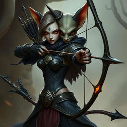 A female kobold arcane rogue, depicted in an enchanting manner, holding a bow