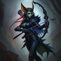 A female kobold arcane rogue, depicted in an enchanting manner, holding a bow