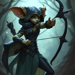 A female kobold arcane rogue, depicted in an enchanting manner, holding a bow