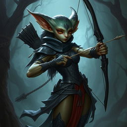 A female kobold arcane rogue, depicted in an enchanting manner, holding a bow