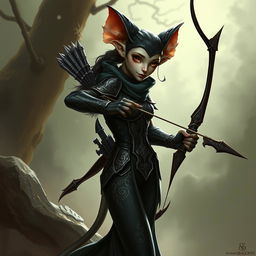 A female kobold arcane rogue from Dungeons & Dragons 5th Edition, depicted in an enchanting manner, holding a bow