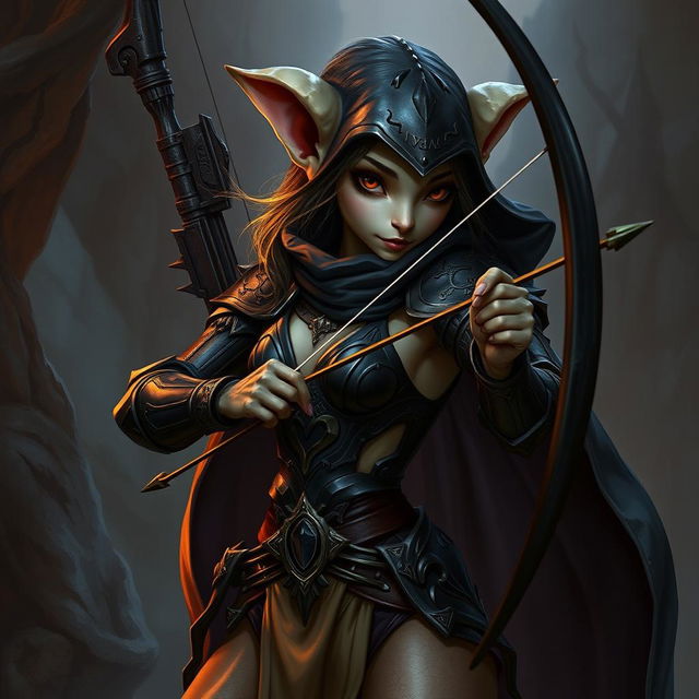 A female kobold arcane rogue from Dungeons & Dragons 5th Edition, depicted in an enchanting manner, holding a bow