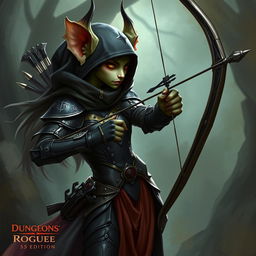 A female kobold arcane rogue from Dungeons & Dragons 5th Edition, depicted in an enchanting manner, holding a bow