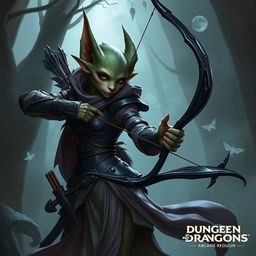 A female kobold arcane rogue from Dungeons & Dragons 5th Edition, depicted in an enchanting manner, holding a bow