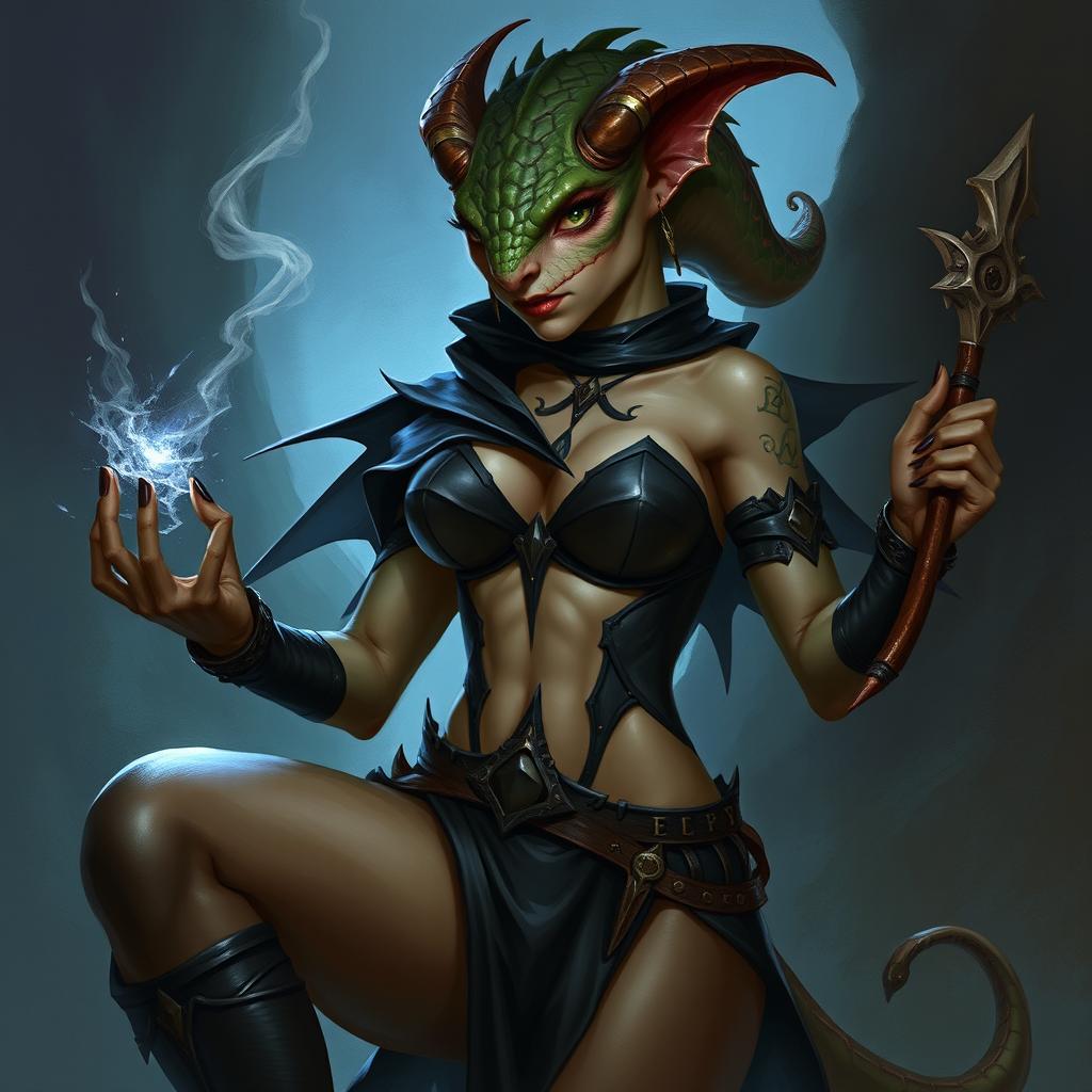A female kobold arcane rogue with a reptilian, dragon-like appearance, depicted in a seductive manner