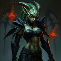 A female kobold arcane rogue with a reptilian, dragon-like appearance, depicted in a seductive manner