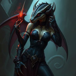 A female kobold arcane rogue with a reptilian, dragon-like appearance, depicted in a seductive manner