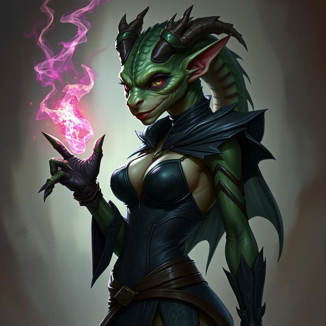 A female kobold arcane rogue with a reptilian, dragon-like appearance, depicted in a seductive manner