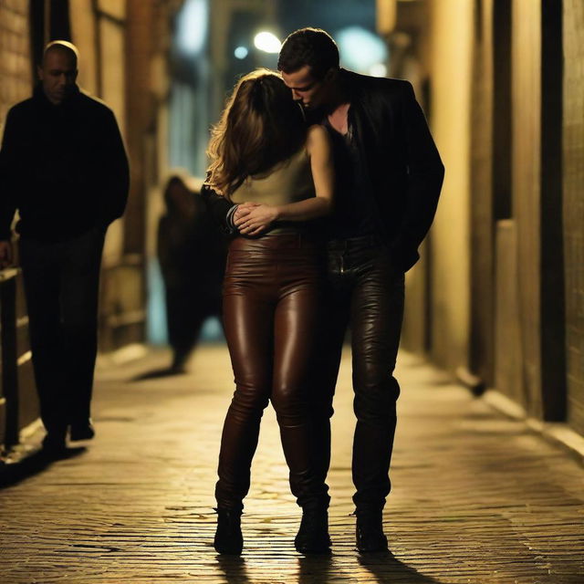 An image of Cheryl Cole in brown leather leggings, asleep in the arms of a man who is kidnapping her from behind