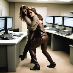 An image of Cheryl Cole in brown leather leggings being kidnapped from behind by a man in an office setting