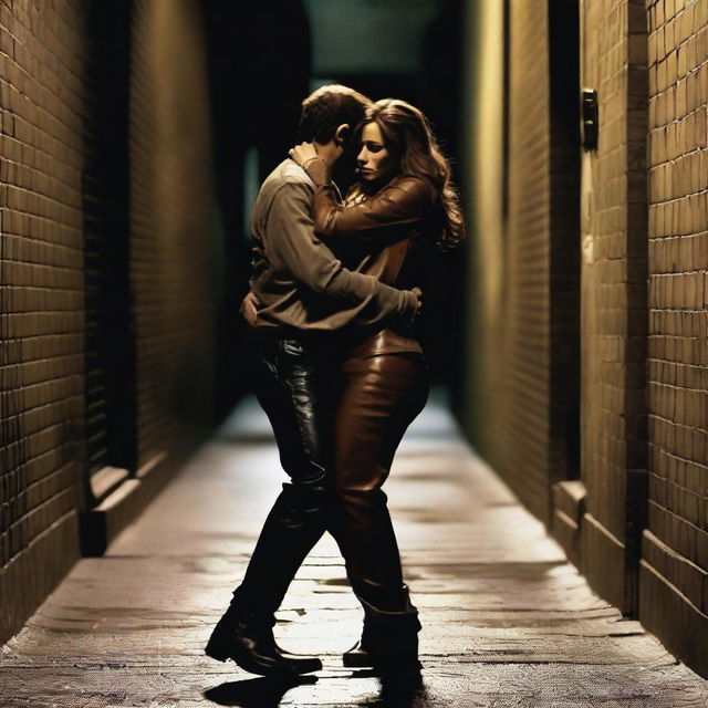 An image of Cheryl Cole in brown leather leggings being kidnapped from behind by a man using chloroform