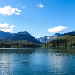 A beautiful and serene landscape featuring a calm lake surrounded by mountains and lush green forests under a clear blue sky with a few fluffy white clouds