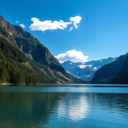 A beautiful and serene landscape featuring a calm lake surrounded by mountains and lush green forests under a clear blue sky with a few fluffy white clouds