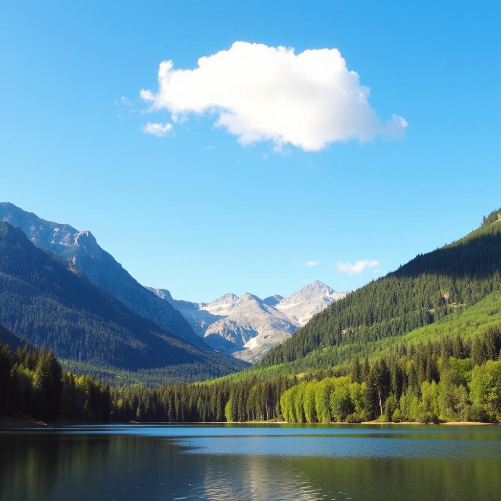 A beautiful and serene landscape featuring a calm lake surrounded by mountains and lush green forests under a clear blue sky with a few fluffy white clouds