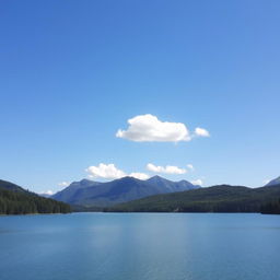 A beautiful and serene landscape featuring a calm lake surrounded by mountains and lush green forests under a clear blue sky with a few fluffy white clouds