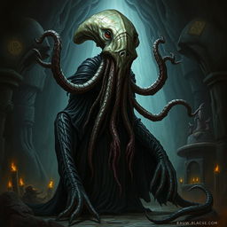 A detailed and eerie depiction of a mind flayer, a monstrous humanoid with a squid-like head, long tentacles, and dark, menacing robes